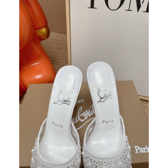 Christian Louboutin White Mesh Pearl Crystal‑Embellished 100mm Peep‑Toe Stiletto Heel Mules