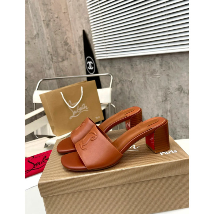 Christian Louboutin Cognac Brown Leather 55mm heel Block Heel Slide Sandal