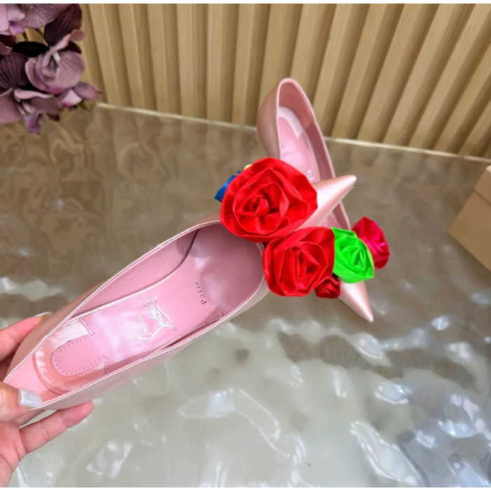 Christian Louboutin Pink Satin Multicolor Fabric Flower 100mm Stiletto Heel Pumps