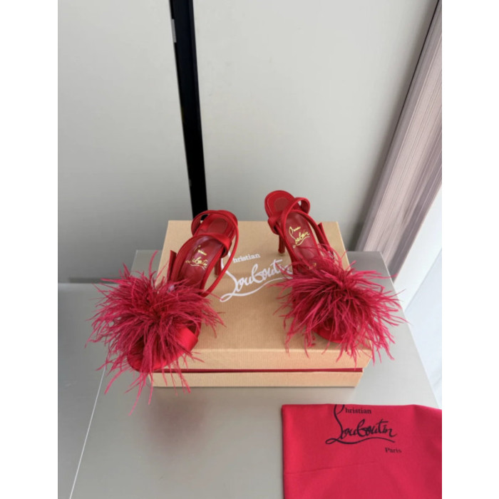 Christian Louboutin Red Satin Feather 100mm Slingback Stiletto Sandals