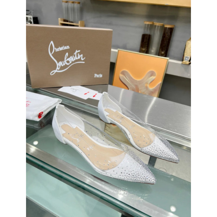 Christian Louboutin Clear PVC White Crystal Pointed‑Toe Flat Pumps