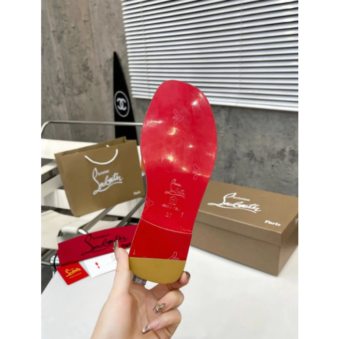 Christian Louboutin Vibrant Orange Leather Stitched Logo Wood‑trim Flat Slide