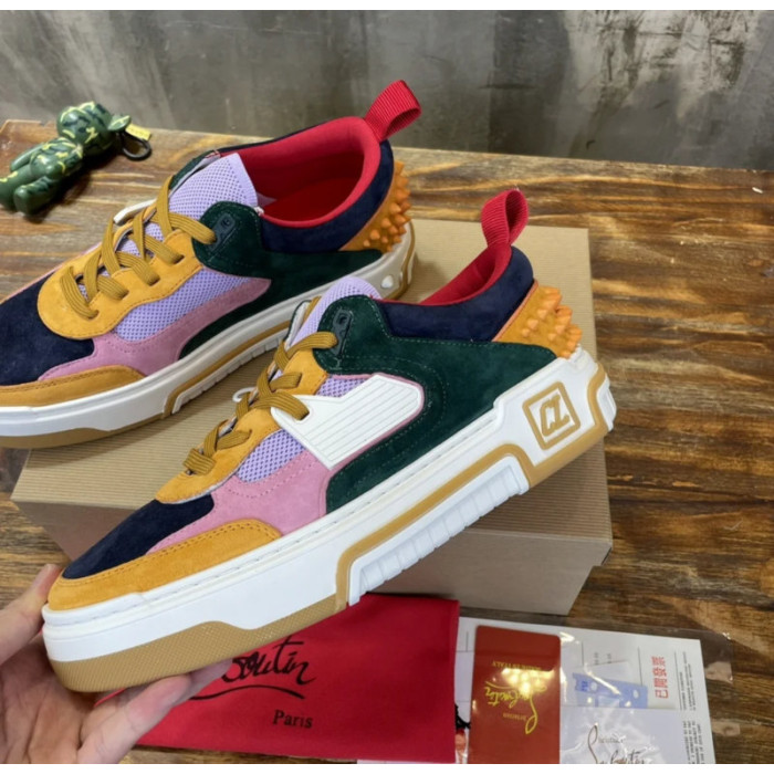 Christian Louboutin Retro Multi‑Tone Suede Mesh Spiked Chunky Low‑Top Sneakers