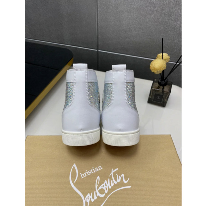 Christian Louboutin White Leather Crystal‑Embellished High‑Top Sneakers