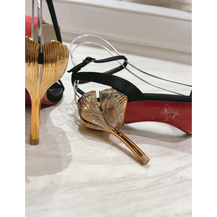 Christian Louboutin Black Satin 100mm Gold‑Sculpted Heel Ankle‑Strap Sandals