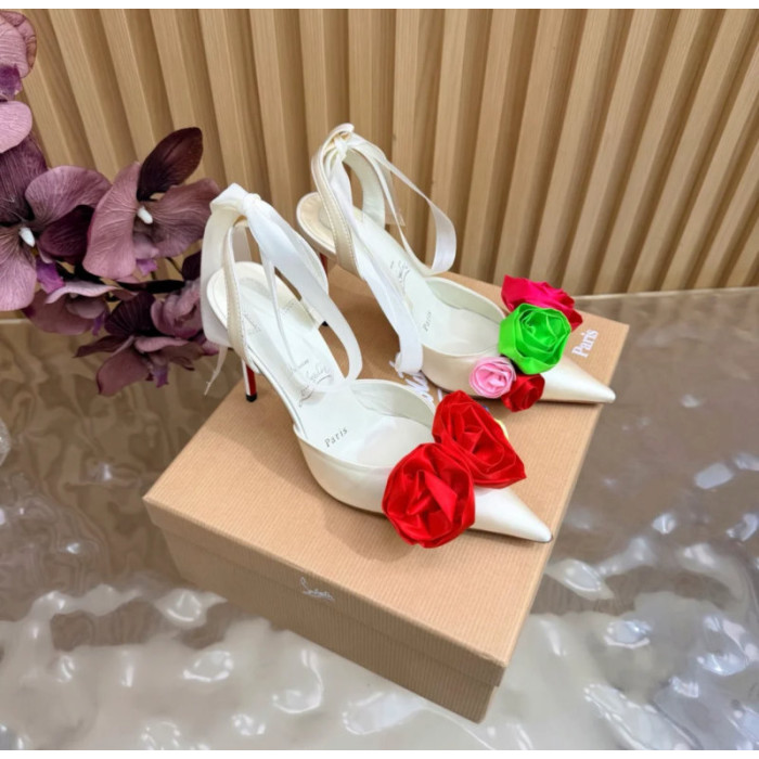 Christian Louboutin Ivory Satin Multicolor Rose Flower 100mm Stiletto Heel Slingback Pumps