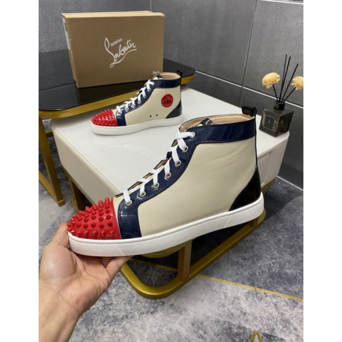 Christian Louboutin Cream Navy Red Spiked 20mm High‑Top Sneakers