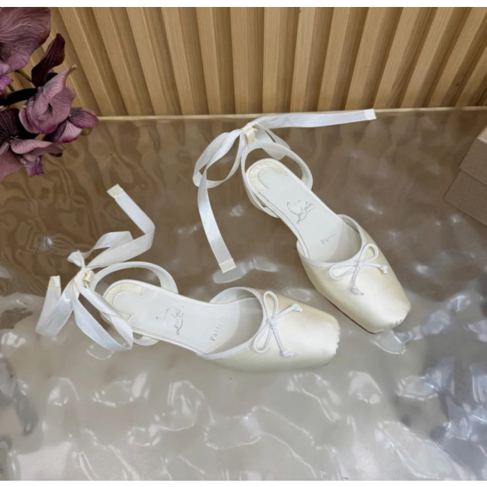 Christian Louboutin White Satin Bow Ankle‑Tie Slingback Ballet Flats