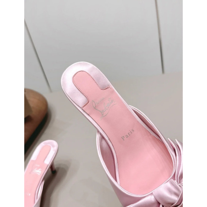 Christian Louboutin Pink Satin Oversized‑Bow Pointed‑Toe Mule Kitten Heel Sandals 55mm heel