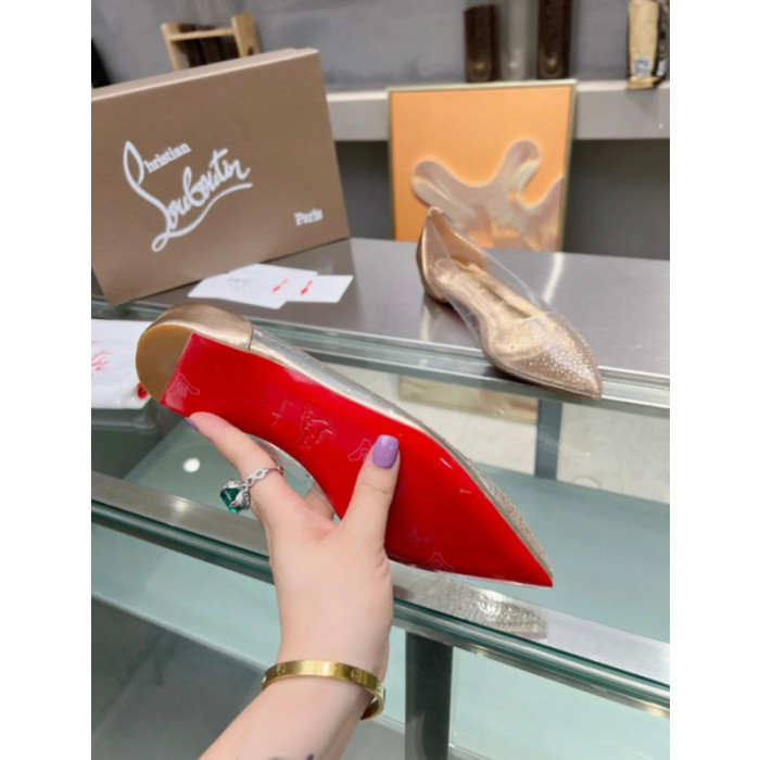 Christian Louboutin Clear PVC Gold Crystal Pointed‑Toe Flat Pumps