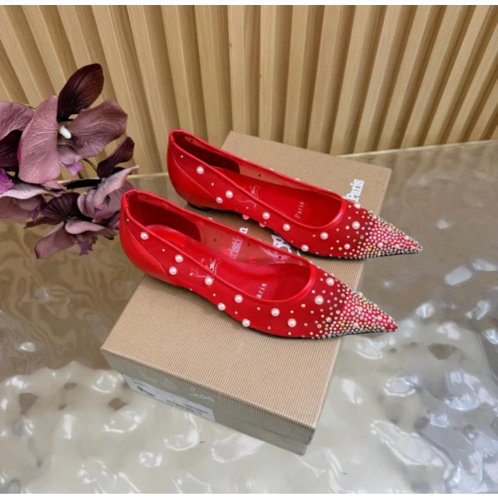 Christian Louboutin Red Mesh Pearl Crystal‑Embellished Pointed‑Toe Flat Pumps
