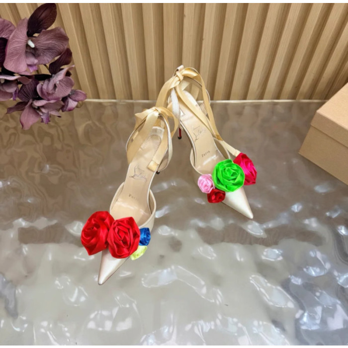 Christian Louboutin Ivory Satin Multicolor Fabric Flower 100mm Stiletto Heel Slingback Pumps
