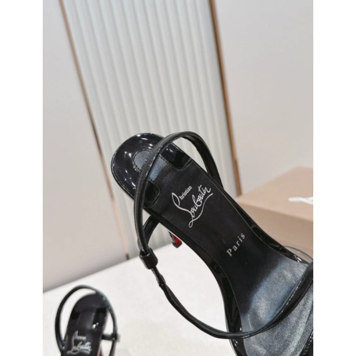 Christian Louboutin Black Patent Leather 100mm Stiletto Heel Slingback Sandals