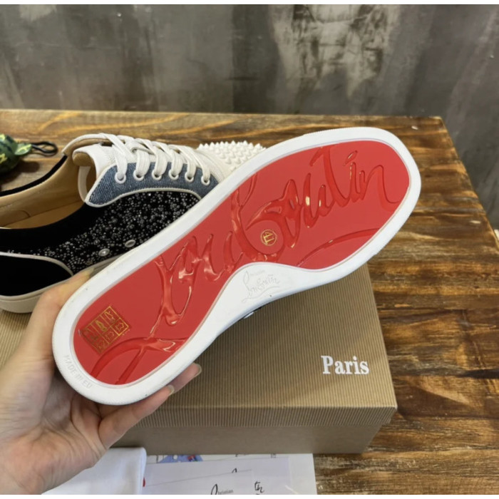 Christian Louboutin Denim Mixed‑Media Crystal Spike Low‑Top Sneakers