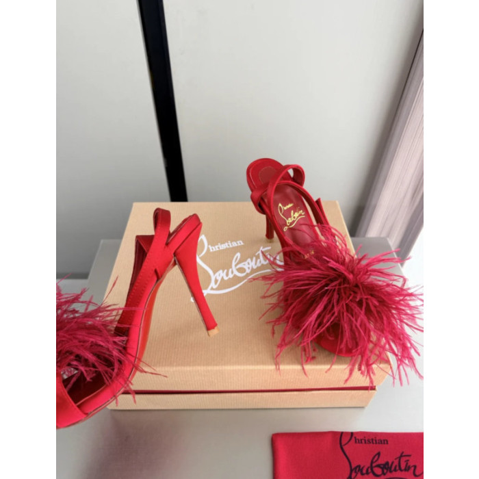 Christian Louboutin Red Satin Feather 100mm Slingback Stiletto Sandals