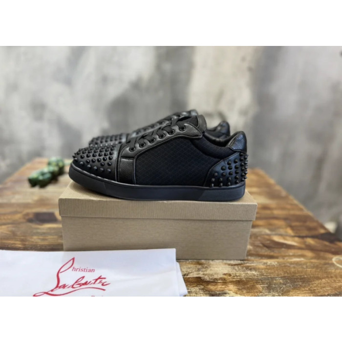 Christian Louboutin Black Mesh Leather Black‑Spiked Low‑Top Sneakers