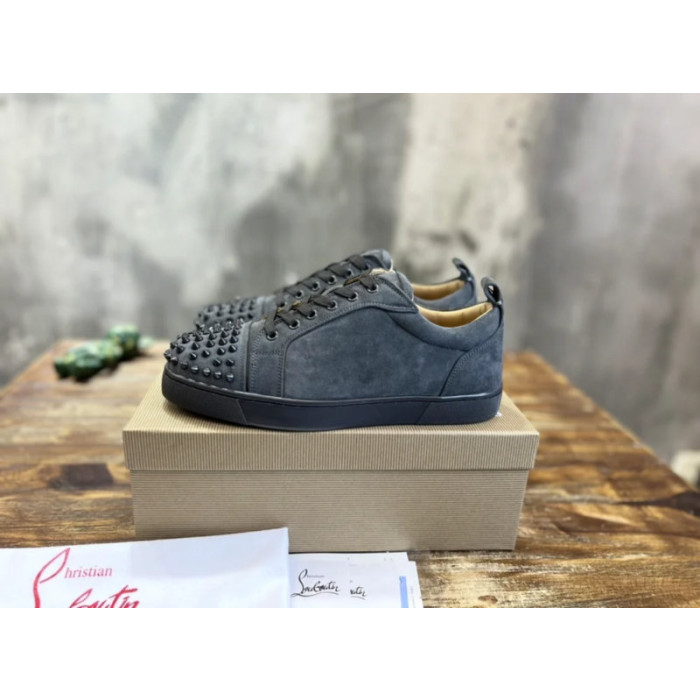 Christian Louboutin Dark Grey Suede Black‑Spiked Low‑Top Men’s Sneakers