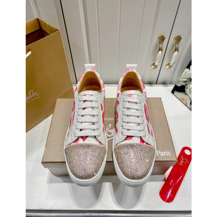 Christian Louboutin Lips‑Print Crystal‑Toe Low‑Top Lace‑Up Sneakers