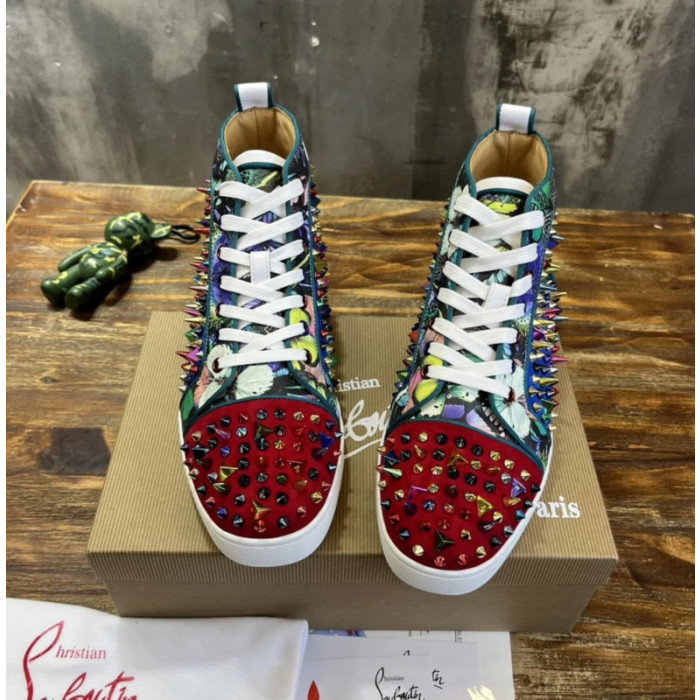 Christian Louboutin Multicolor Spike Jungle‑Print Suede High‑Top Sneakers
