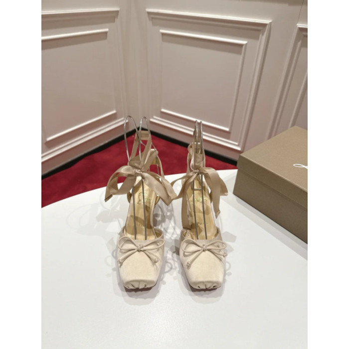 Christian Louboutin Cream Satin Ankle Wrap Bow Kitten Heel Pumps