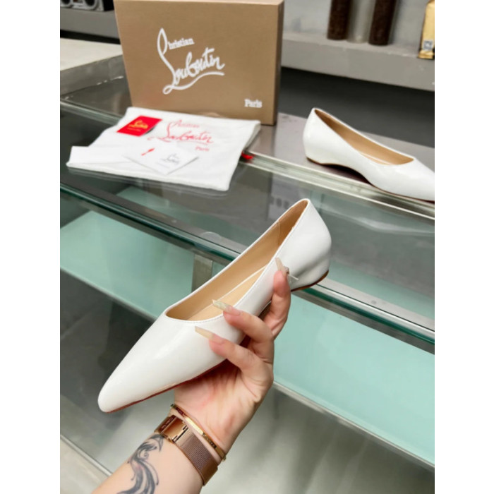 Christian Louboutin White Patent Leather Pointed‑Toe Low‑Wedge Heel Flats