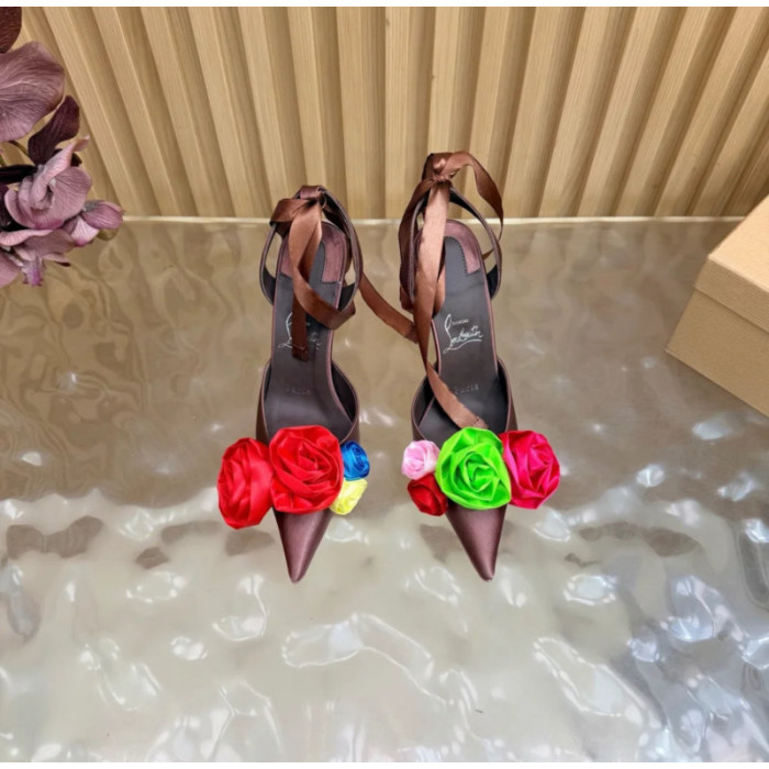 Christian Louboutin Burgundy Satin Multicolor Fabric Flower 100mm Stiletto Heel Slingback Pumps
