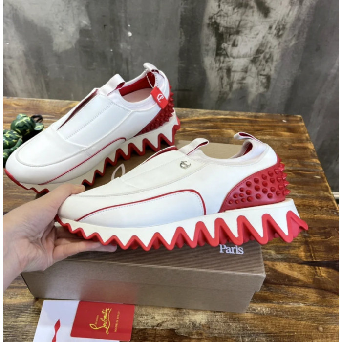 Christian Louboutin White Leather Red‑Trim Spiked Slip‑On Sneakers