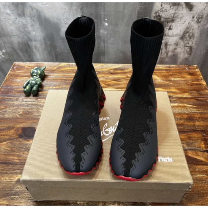 Christian Louboutin Black Knit Sock‑Style Shark‑Tooth Sole High‑Top Sneaker Boots