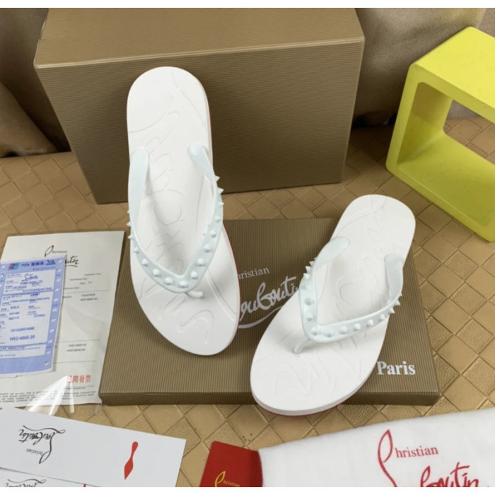 Christian Louboutin White Embossed‑Logo Studded Flip‑Flop Sandals