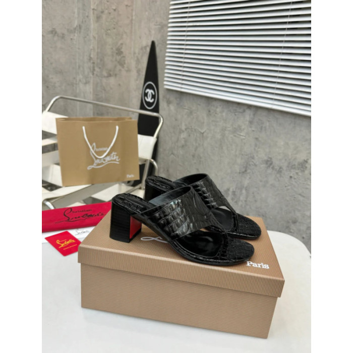 Christian Louboutin Black Croc‑embossed Leather 55mm Block Heel Mule Sandal