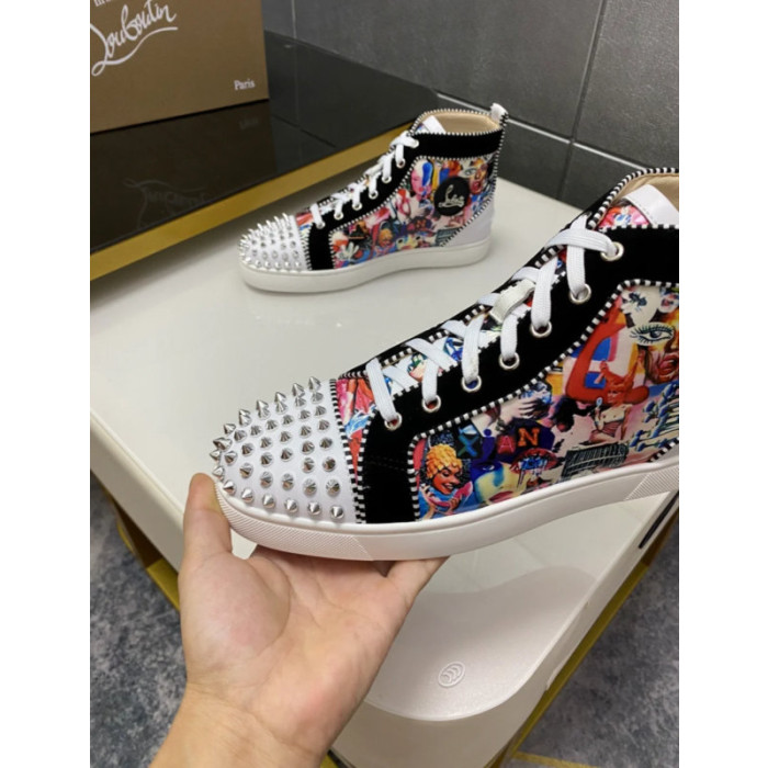 Christian Louboutin Colorful Graffiti Print Silver‑Spiked High‑Top Sneakers