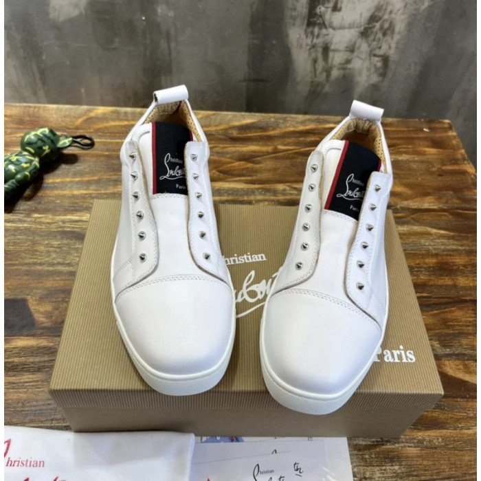 Christian Louboutin White Leather Silver‑Spiked Slip‑On Low‑Top Sneakers
