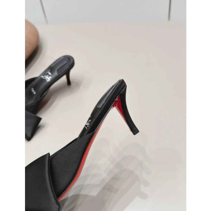 Christian Louboutin Black Satin Big‑Bow Pointed‑Toe Mule Kitten Heel Sandals 55mm heel