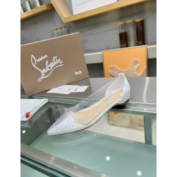 Christian Louboutin Clear PVC White Crystal Pointed‑Toe Flat Pumps
