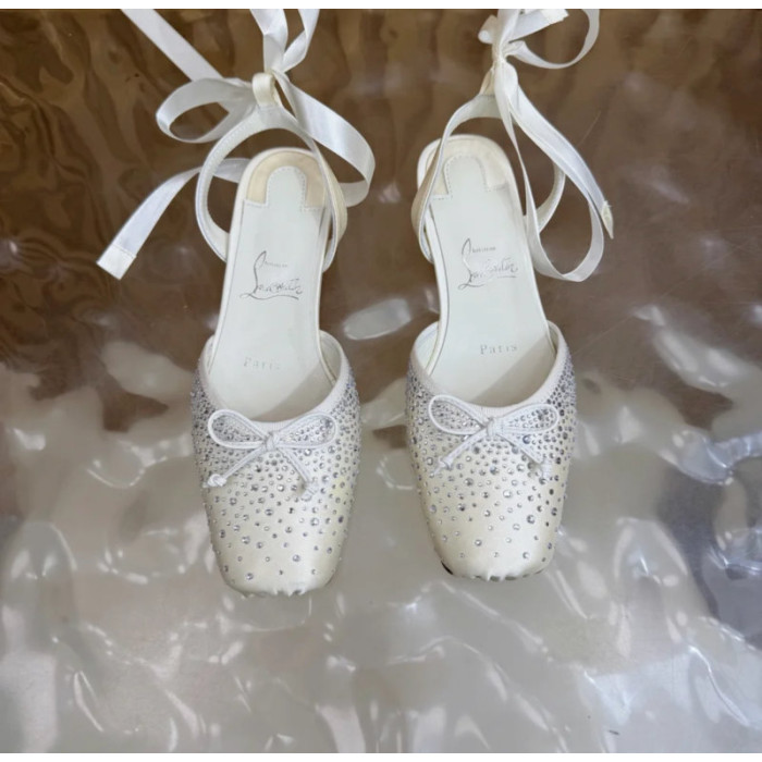 Christian Louboutin White Satin Crystal‑Embellished Ankle‑Tie Slingback Ballet Flats
