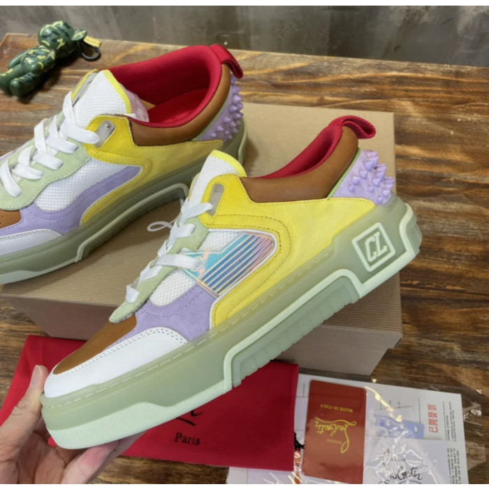 Christian Louboutin Color‑Block Suede Mesh Spiked Chunky Low‑Top Sneakers