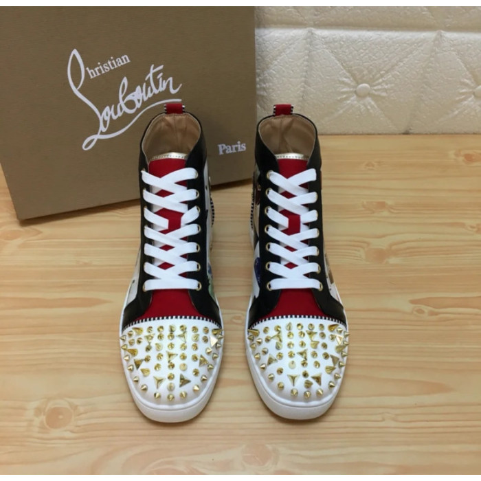 Christian Louboutin Printed Canvas Spiked‑Toe High‑Top Sneakers