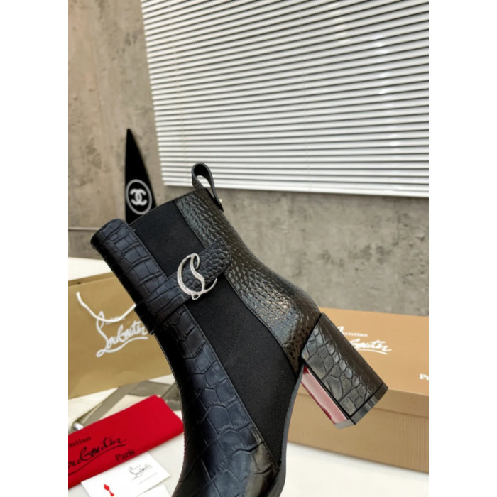 Christian Louboutin Black Croc‑Effect Leather 85mm Block‑Heel Chelsea Ankle Boots with CL Buckle