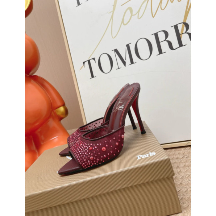 Christian Louboutin Burgundy Mesh Crystal‑Embellished 100mm Peep‑Toe Stiletto Heel Mules
