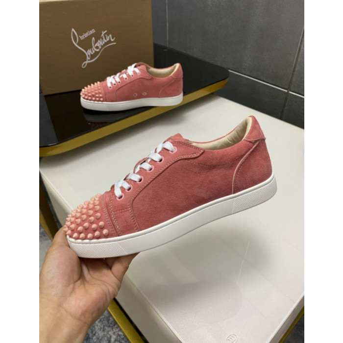Christian Louboutin Dusty Pink Suede Spike‑Toe Low‑Top Sneakers
