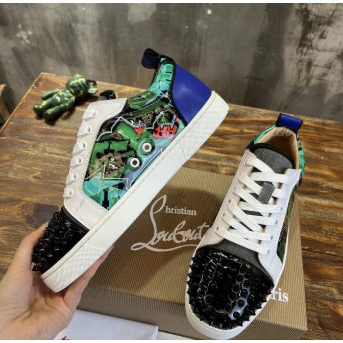 Christian Louboutin Green Graffiti‑Print Spiked‑Toe Low‑Top Lace‑Up Sneakers