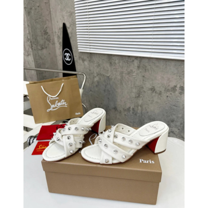 Christian Louboutin White Leather Studded 55mm heel Slide Sandals