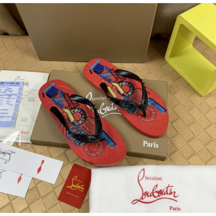 Christian Louboutin Red Graphic‑Print Studded Flip‑Flop Sandals