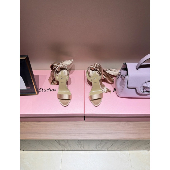 Christian Louboutin Champagne Satin 120mm Heel Tie‑Ankle Stiletto Sandals