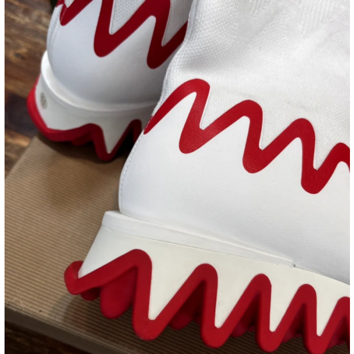 Christian Louboutin White Knit Sock‑Style Red Shark‑Tooth Sole High‑Top Sneaker Boots