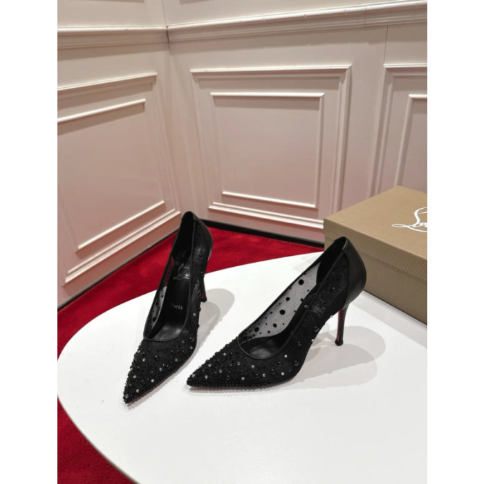 Christian Louboutin Black Mesh Crystal 85mm Stiletto Heel Follies Strass Pumps