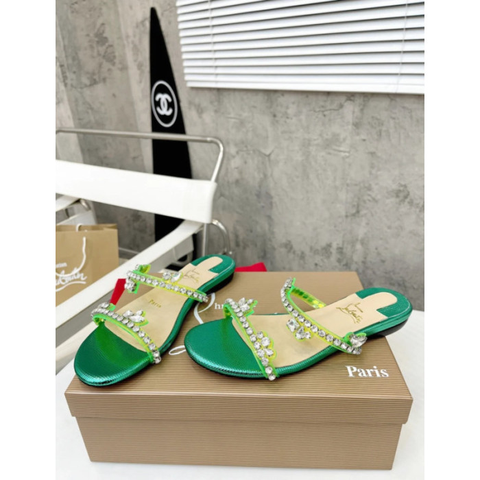 Christian Louboutin Green Metallic Crystal Embellished Flat Slide Sandal