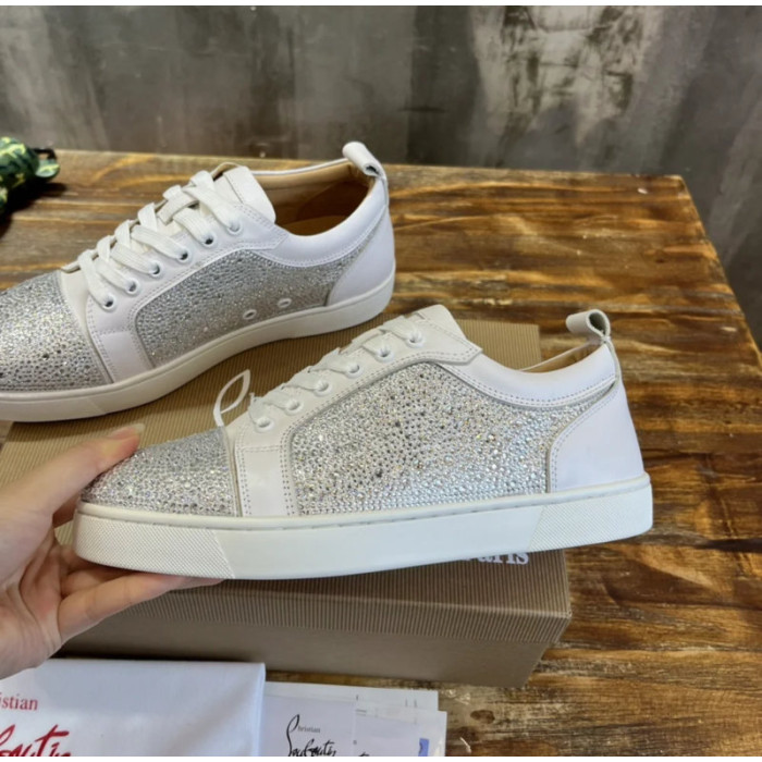 Christian Louboutin White Leather Silver Crystal‑Embellished Low‑Top Men’s Sneakers
