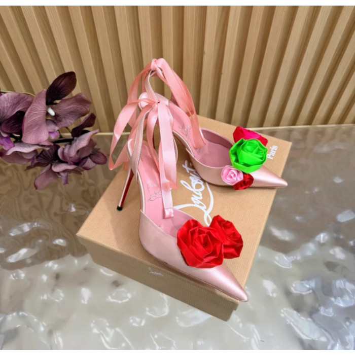 Christian Louboutin Pink Satin Multicolor Rose Flower 100mm Stiletto Heel Slingback Pumps