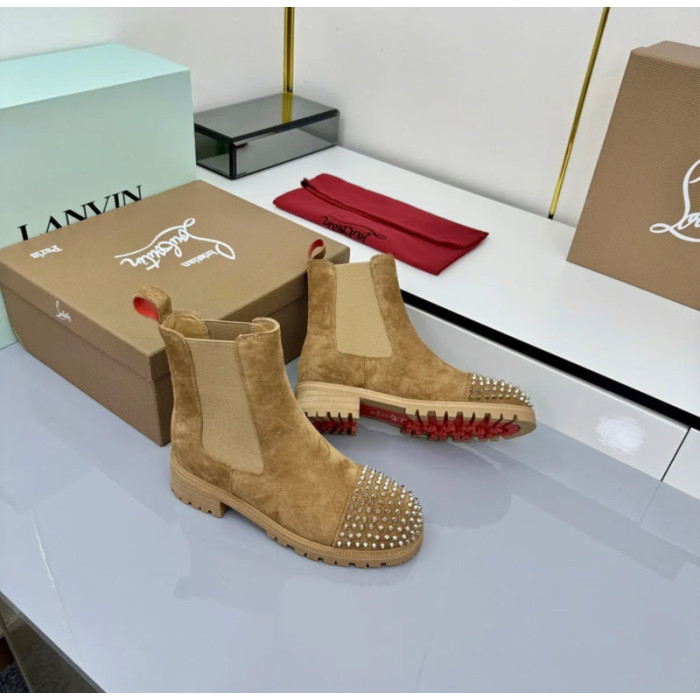 Christian Louboutin Tan Suede Stud‑Cap Chelsea Ankle Boots